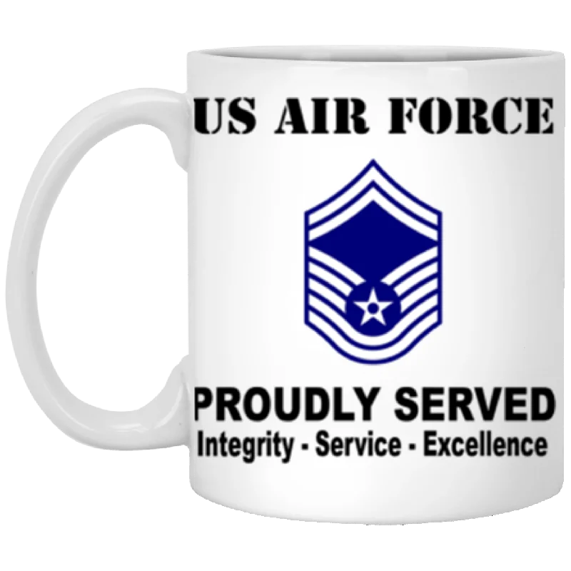 insulated travel cups for summer drinks-US Air Force E-8 Senior Master Sergeant SMSgt E8 Noncommissioned Officer AF Rank Proudly Served Core Values 11 oz. White Mug