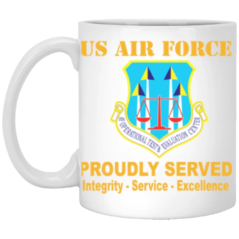 luxury travel mugs for hot drinks-US Air Force Operational Test and Evaluation Center Proudly Served Core Values 11 oz. White Mug