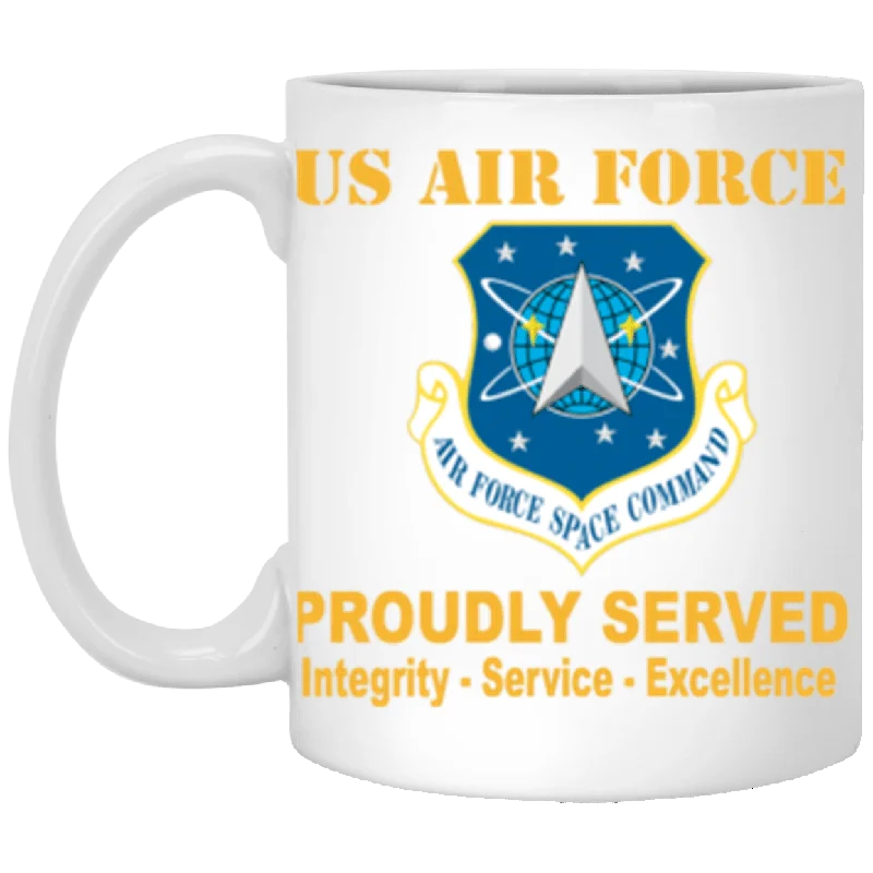 funny travel mugs for commuters-US Air Force Space Command Proudly Served Core Values 11 oz. White Mug