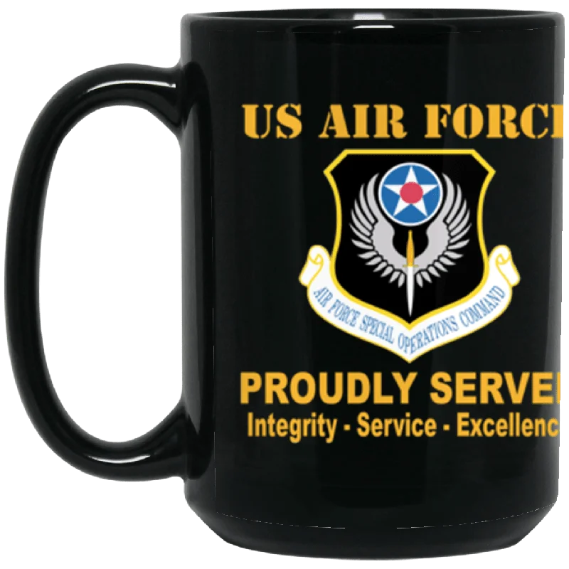 luxury travel mugs for coffee breaks-US Air Force Special Operations Command Proudly Served Core Values 15 oz. Black Mug