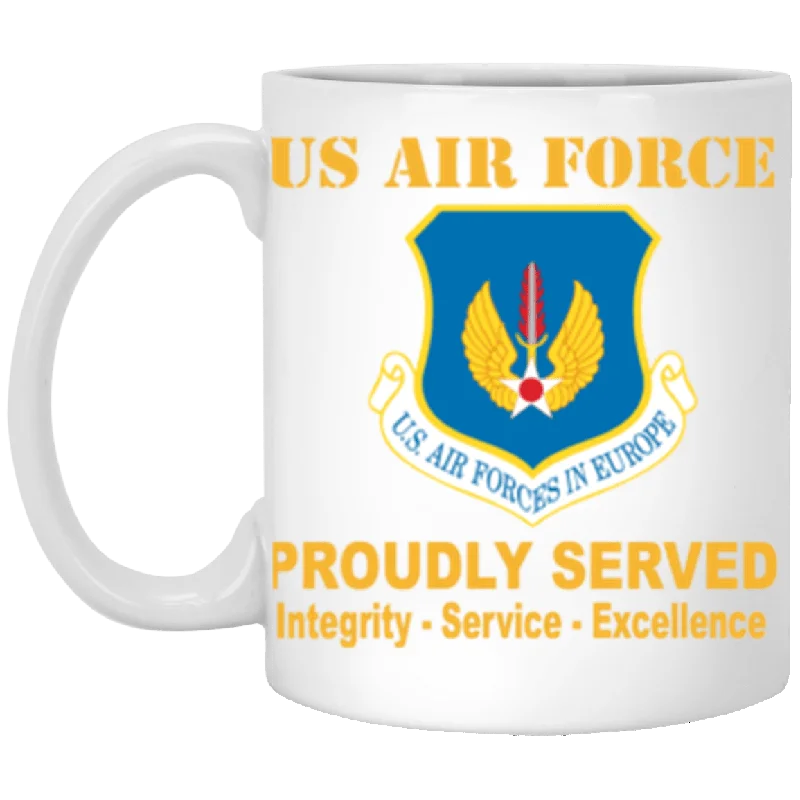 custom travel coffee mugs for workers-US Air Force United States Air Forces in Europe Proudly Served Core Values 11 oz. White Mug