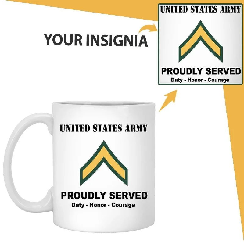 funny tea cups for office parties-US Army Insignia Proudly Served Duty - Honor - Courage White Coffee Mug 11oz