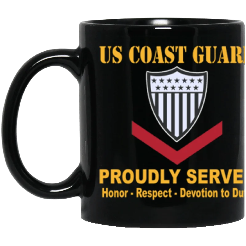 large coffee mugs for tea lovers-US Coast Guard E-4 Petty Officer Third Class E4 PO3 Petty Officer Proudly Served Core Values 11 oz. Black Mug