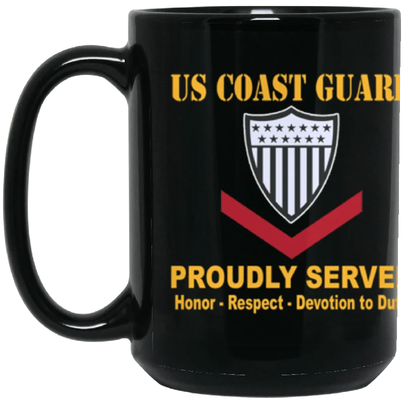 best travel mugs for winter mornings-US Coast Guard E-4 Petty Officer Third Class E4 PO3 Petty Officer Proudly Served Core Values 15 oz. Black Mug