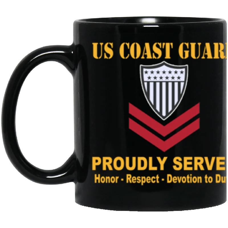 colorful custom mugs for events-US Coast Guard E-5 Petty Officer Second Class E5 PO2 Petty Officer Proudly Served Core Values 11 oz. Black Mug