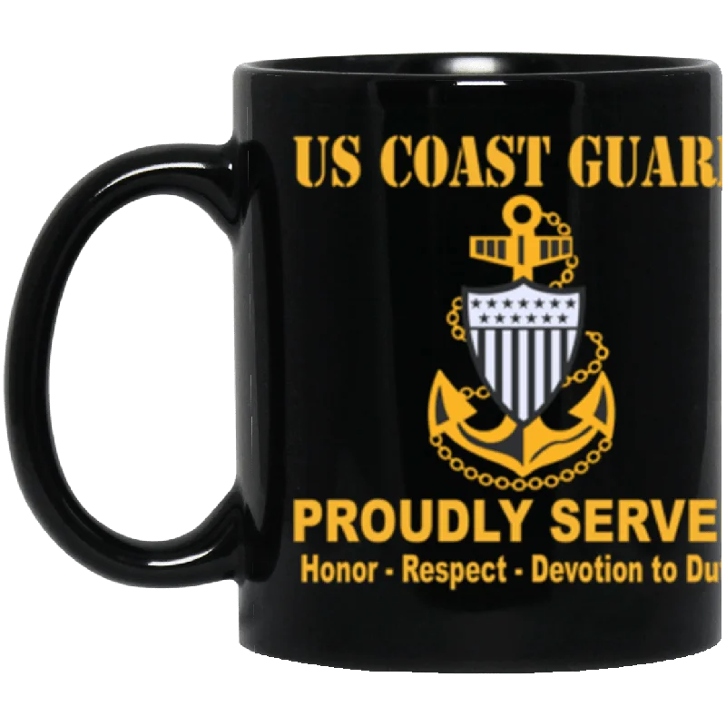 best mugs for office celebrations-US Coast Guard E-7 Chief Petty Officer E7 CPO Chief Petty Officer Collar Device Proudly Served Core Values 11 oz. Black Mug