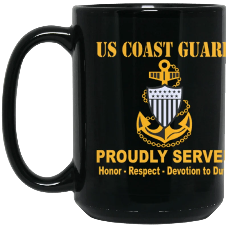 personalized travel cups for holiday gifts-US Coast Guard E-7 Chief Petty Officer E7 CPO Chief Petty Officer Collar Device Proudly Served Core Values 15 oz. Black Mug