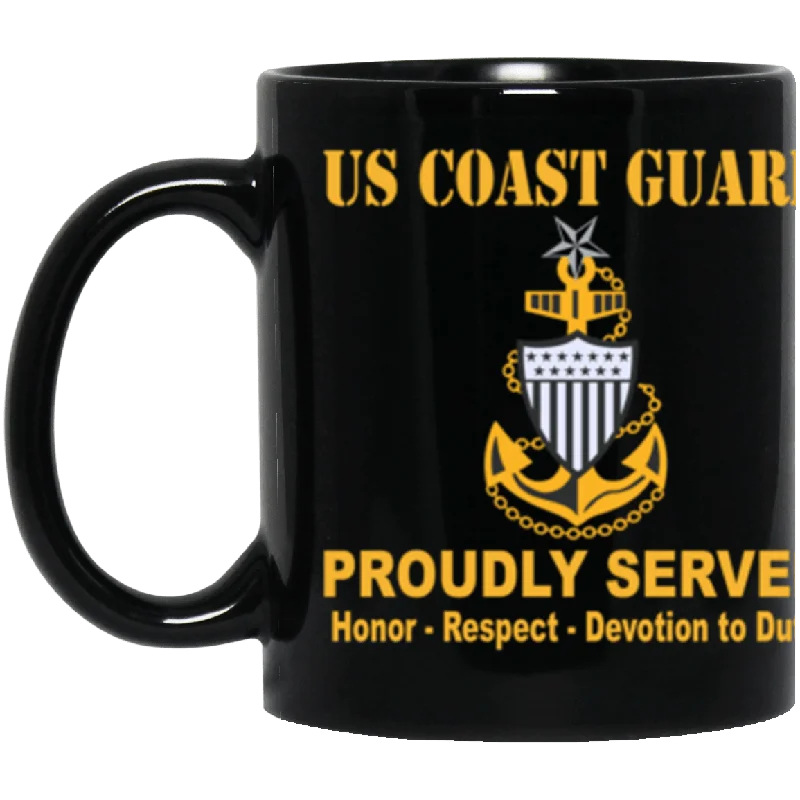 trendy coffee mugs for breakfast-US Coast Guard E-8 Senior Chief Petty Officer E8 SCPO Chief Petty Officer Cap Device Proudly Served Core Values 11 oz. Black Mug