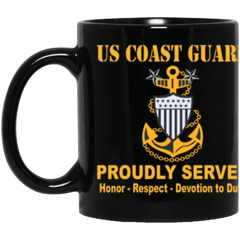 durable coffee mugs for workstations-US Coast Guard E-9 Collar Device Proudly Served Core Values 11 oz. Black Mug