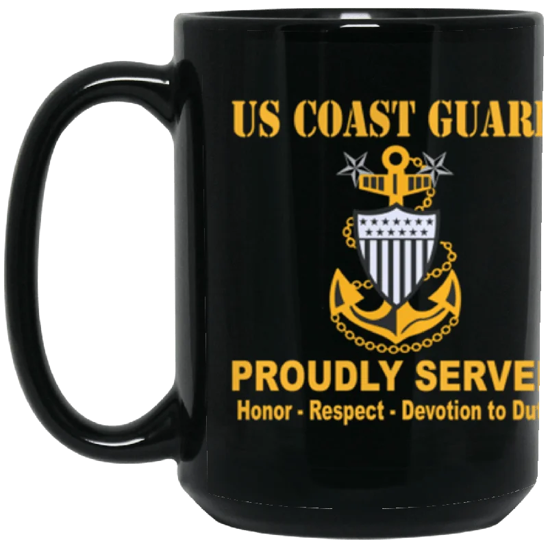 best coffee cups for cold beverages-US Coast Guard E-9 Collar Device Proudly Served Core Values 15 oz. Black Mug