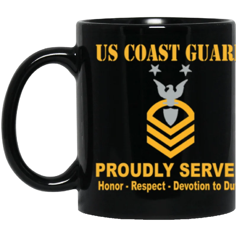 funny coffee mugs for work celebrations-US Coast Guard E-9 Command Master Chief Petty Officer E9 CMC Chief Petty Officer Proudly Served Core Values 11 oz. Black Mug