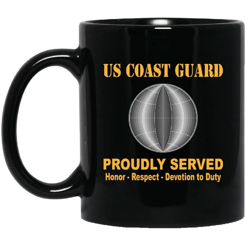 quirky travel mugs for commuters-US Coast Guard Electrician's Mate EM Logo Proudly Served Black Mug 11 oz - 15 oz