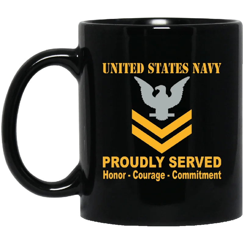 insulated travel cups for summer drinks-US Navy E-5 Petty Officer Second Class E5 PO2 Gold Stripe Collar Device Black Mug 11 oz - 15 oz