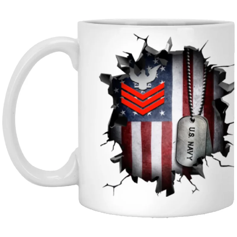 travel mugs for summer drinks-US Navy E-6 Petty Officer First Class E6 PO1 Collar Device 3D Break Effect Coffee Mug 11oz - 15oz White Mug