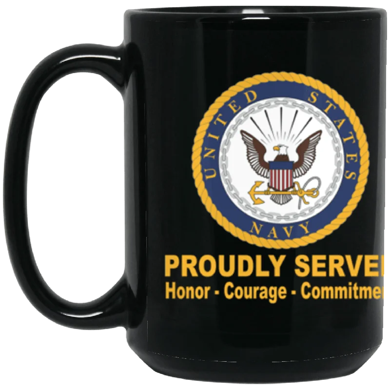 stylish tea mugs for special occasions-US Navy Logo Proudly Served Core Values 15 oz. Black Mug