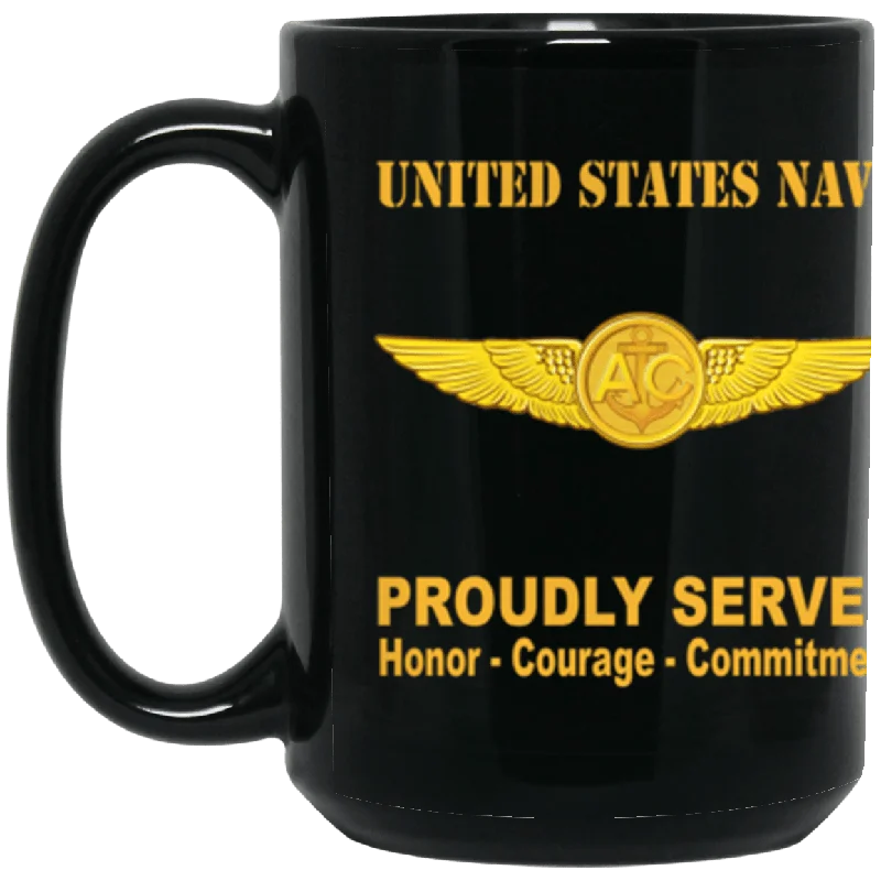 trendy coffee mugs for modern kitchens-US Navy Naval Aircrew Warfare Specialist Badge Proudly Served Core Values 15 oz. Black Mug