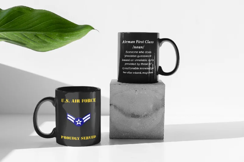 ceramic travel mugs for commuters-USAF E-3 Airman First Class Definition 11 oz. Black Mug