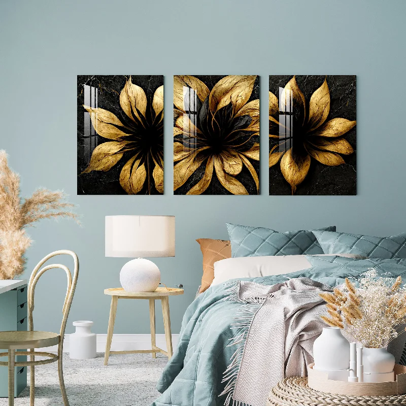 abstract nature wall art-Black & Golden Fractal Flowers Acrylic Wall Art (Set of 3)