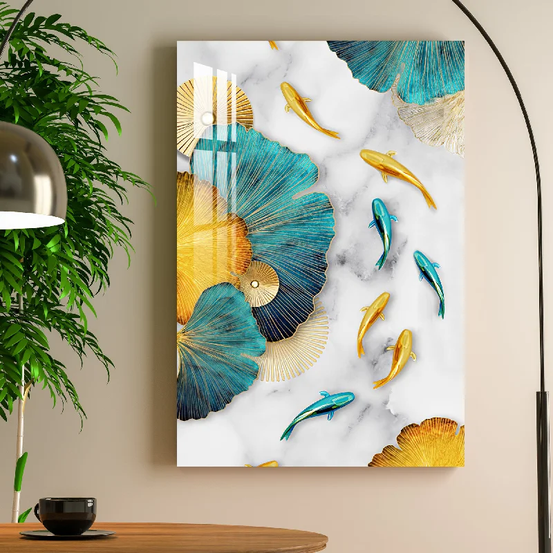 minimalist canvas prints for living room-Blue & Golden Fishes With Leaves Acrylic Wall Art