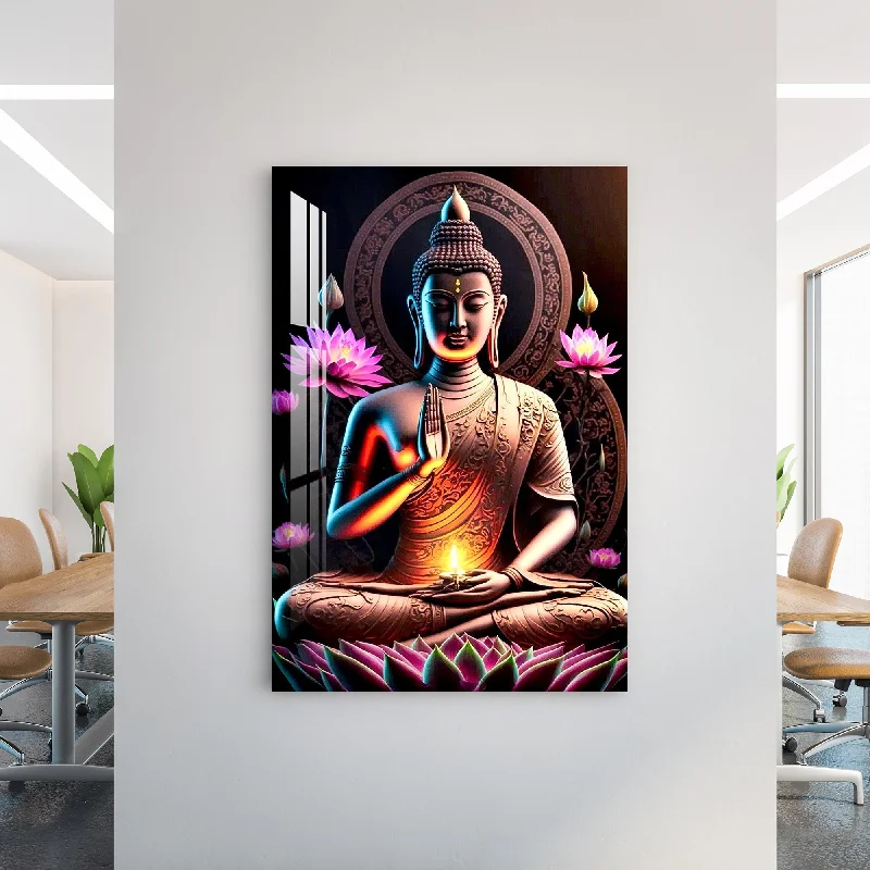 retro style art prints-Buddha With Flowers Acrylic Wall Art