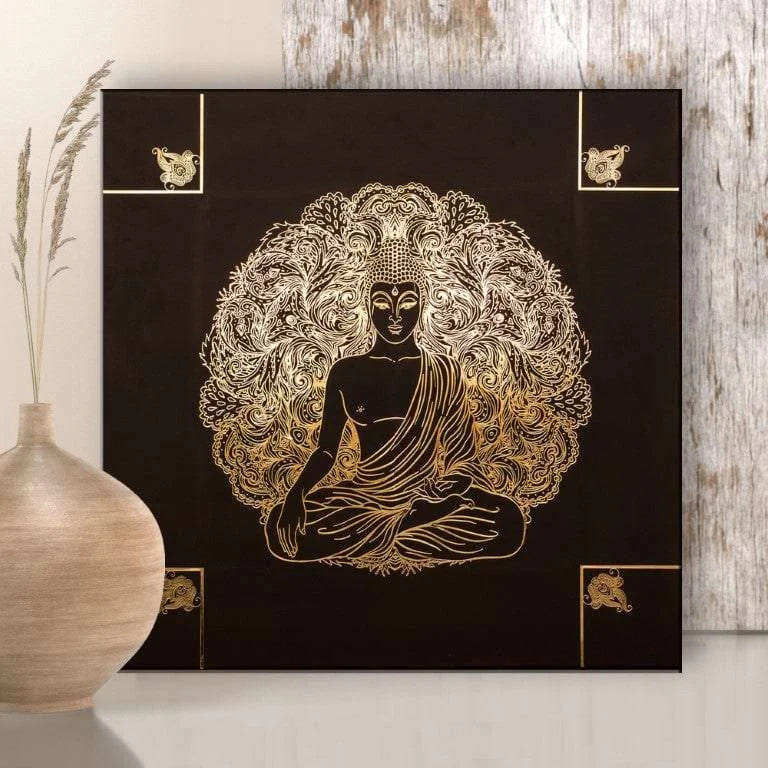 colorful art prints for bedroom-Buddha with Golden Metal Outlines Wall Hanging