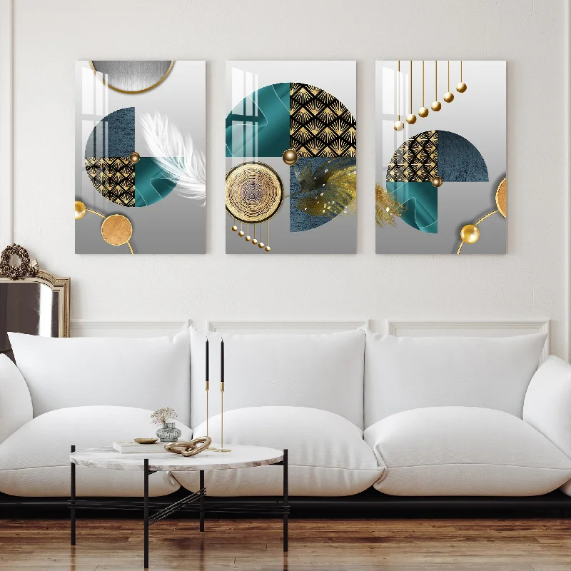 unique canvas art decor-Circle Geometric Feather Acrylic Wall Art (Set of 3)