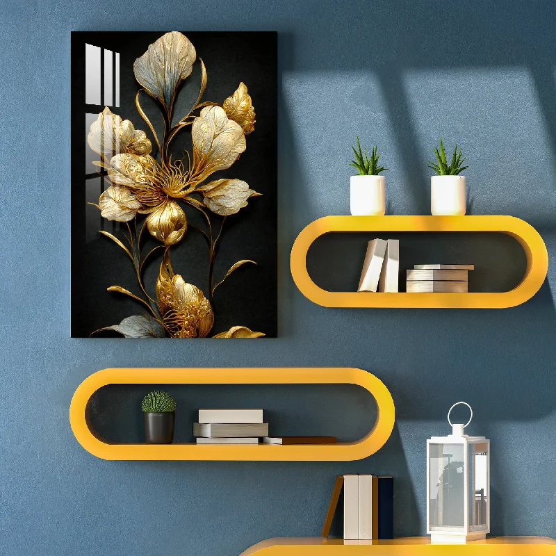 colorful abstract wall paintings-Classic Golden & Black Shade Floral Acrylic Wall Art