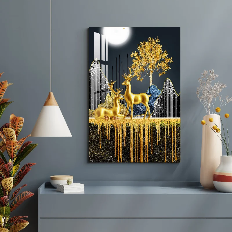 vintage nature wall art-Deers In The Golden Forest Acrylic Wall Art