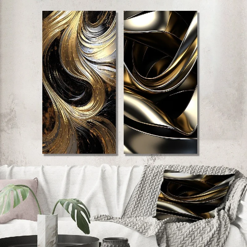 oversized cityscape prints-Designart "Abstract Liquid Gold And Black Swirl IV" Abstract Wall Art Set of 2 - Transitional Wall Art For Home Decor