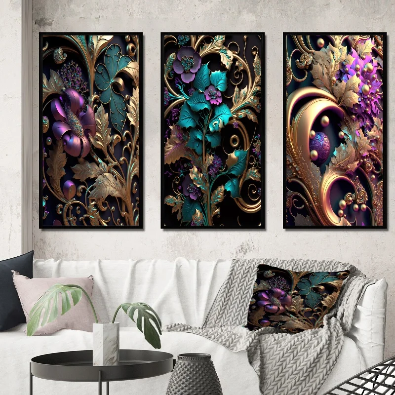 modern pop culture wall prints-Designart "Abstract Ornate Flowers In Purple And Gold I" Floral Frame Gallery Wall Set Of 3 For Home Decor