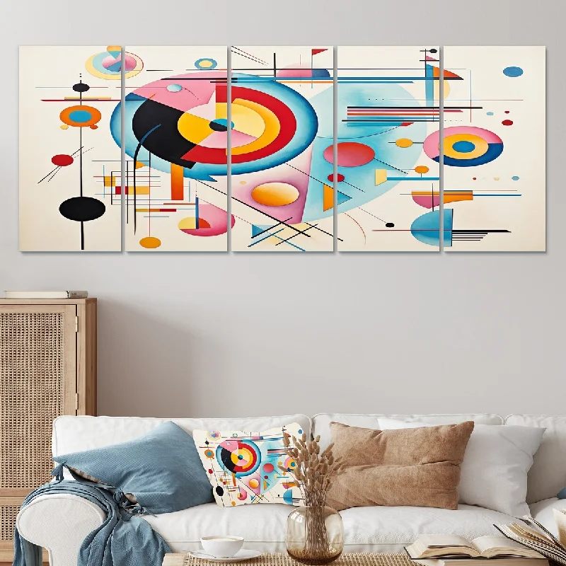 coastal landscape wall decor-Designart "Blue And Pink Abstract Geometric Vision II" Abstract Geometric Set Of 5 Oversized Canvas Art For Entryway