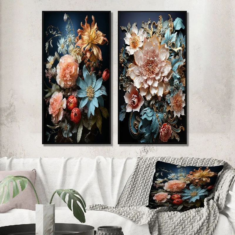 tropical coastal wall art-Designart "Bouquet Of Vibrant Blossoming Wildflowers I" Lily Framed Wall Art Set Of 2 Canvas Set For Living Room Decor