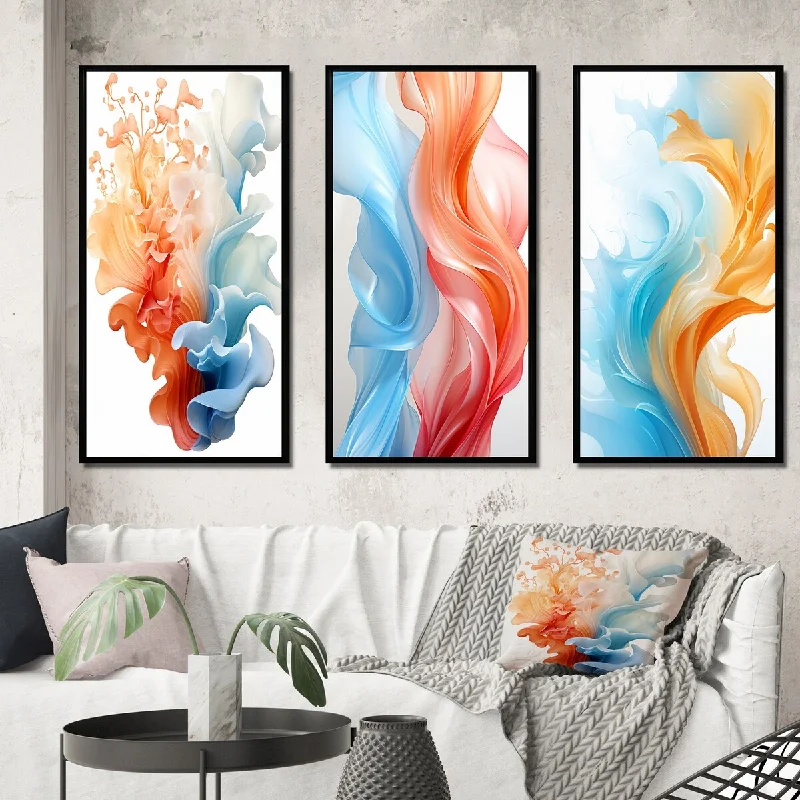 vintage animal canvas prints-Designart "Contemporary Abstract Waves Orange And Blue III" Abstract Liquid Ink Frame Gallery Set Of 3 For Office Decor