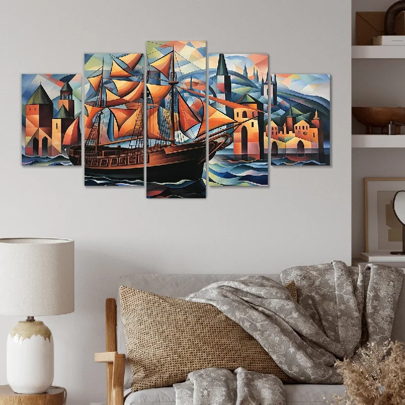 inspirational photo prints for wall-Designart "Cubist Cruise Pirate In Caribbean" Coastal Boat Set Of 5 - Coastal Oversized Canvas Art For Bedroom Decor