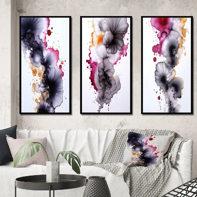 vintage abstract paintings for home-Designart "Delicate Fluidity Magenta And Gold Ink Clouds V" Abstract Painting Frame Gallery Set Of 3 For Office Decor