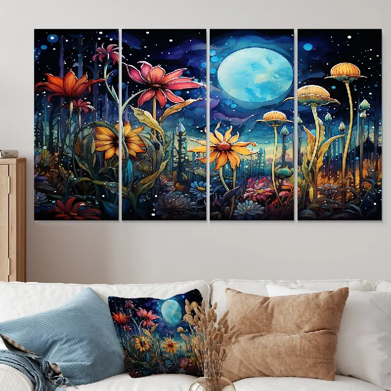 geometric canvas art for bedroom-Designart "Fantasy Mushroom Forest Dream II" Abstract Landscapes Extra Large Canvas Set Of 4 - Oversized Modern Wall Art