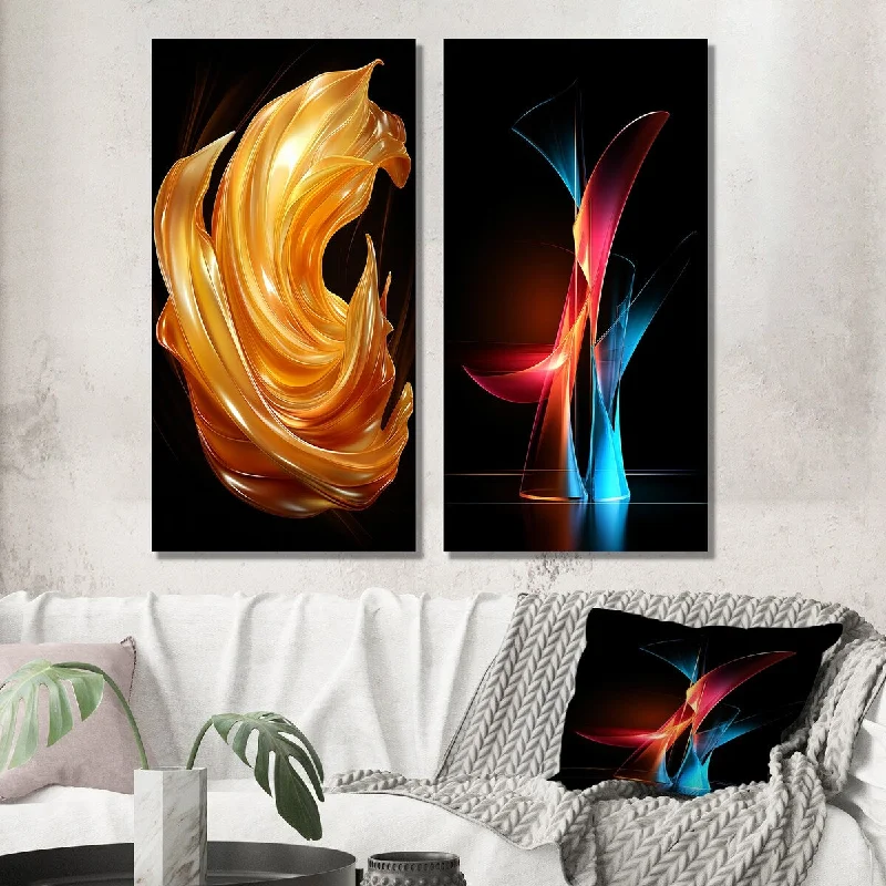 large art decor for living room-Designart "Gentle Gold Smooth Fabric Wave" Abstract Liquid Ink Wall Art Set of 2 - Modern Wall Art For Home Decor