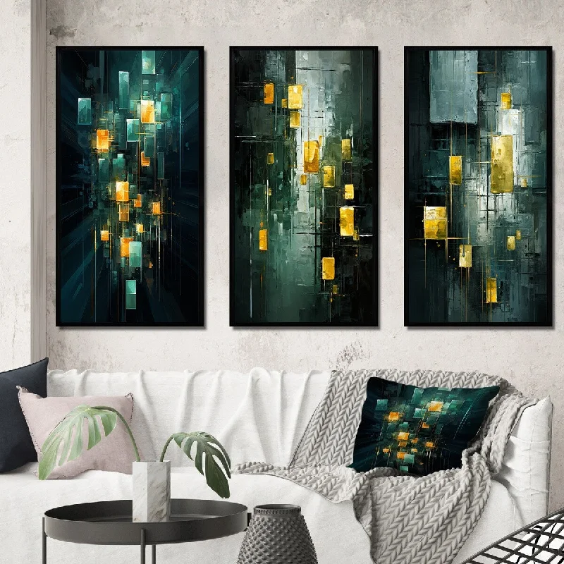 boho abstract wall paintings-Designart "Illumination of Desire Cubist Turquoise Gold" Abstract Painting Frame Gallery Wall Set Of 3 For Home Decor