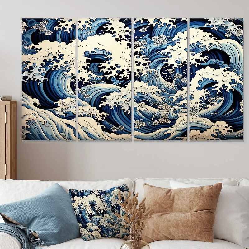 abstract coastal wall prints-Designart "Japanese Waves In A Storm I" Coastal Tropical Extra Large Canvas Set Of 4 - Oversized Coastal Wall Art Decor