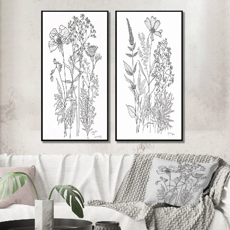 chic living room wall art-Designart "Minimal Wildflowers Drawing Black On White IV" Wildflowers Framed Gallery Wall Set For Home Decor