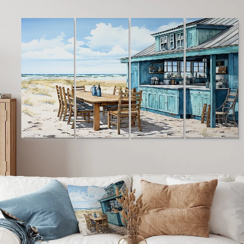 oversized cityscape prints-Designart "Oceanfront Beach Restaurant Panorama" Coastal Windows Extra Large Canvas Set Of 4 Oversized Coastal Wall Art