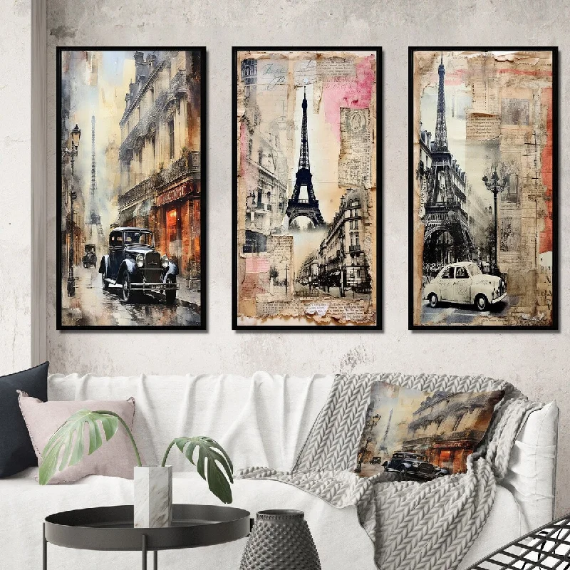 vintage canvas wall art-Designart "Paris Chronicles Vintage Collage VII" City Paris Framed Wall Art Set Of 3 - Traditional For Office Decor