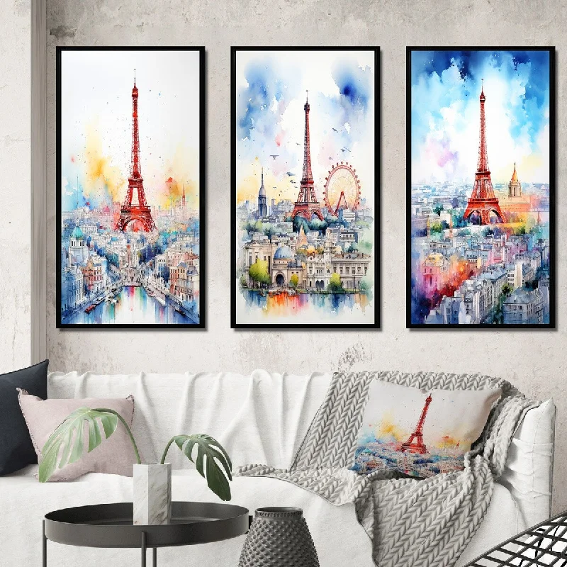 artistic photography prints for wall-Designart "Paris Skyline Eiffel Tower Vibrant Watercolor IV" City Paris Frame Gallery Set Of 3 For Office Decor