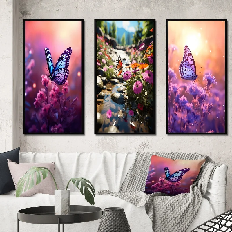 coastal water wall art-Designart "Pink Butterfly Wonderful Sunset IV" Animals Butterfly Frame Gallery Set Of 3 For Office Decor