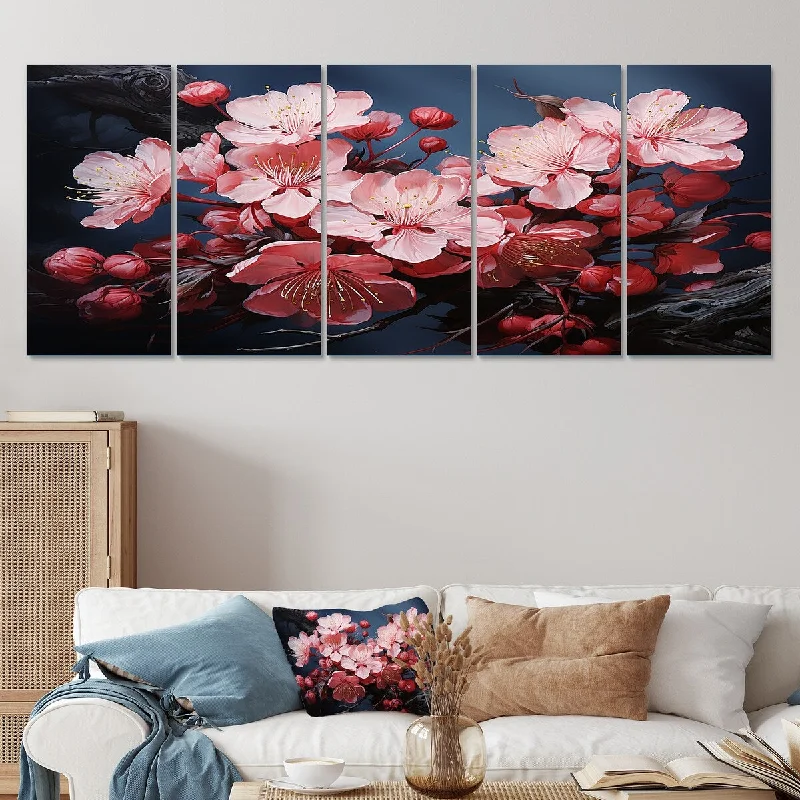 colorful art prints for bedroom-Designart "Pink Cherry Blossoms Tree At Night II" Cherry Set Of 5 - Traditional Oversized Wall Decor Art For Living Room