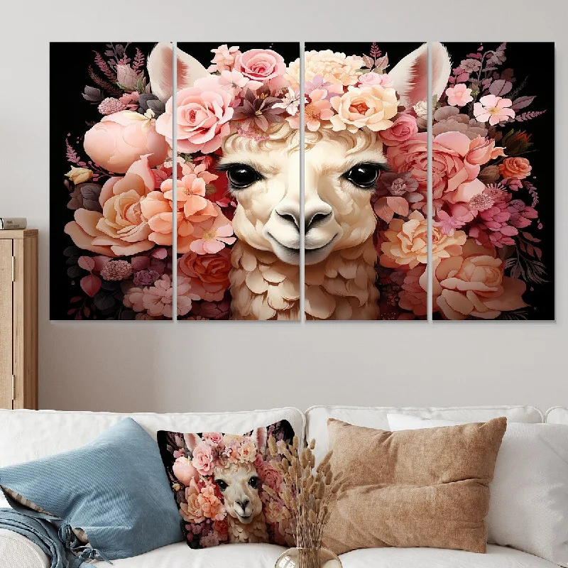 beach wall art canvas prints-Designart "Pink Flower Crown Llama Portrait" Llama Extra Large Canvas Set Of 4 - Oversized Traditional Wall Art