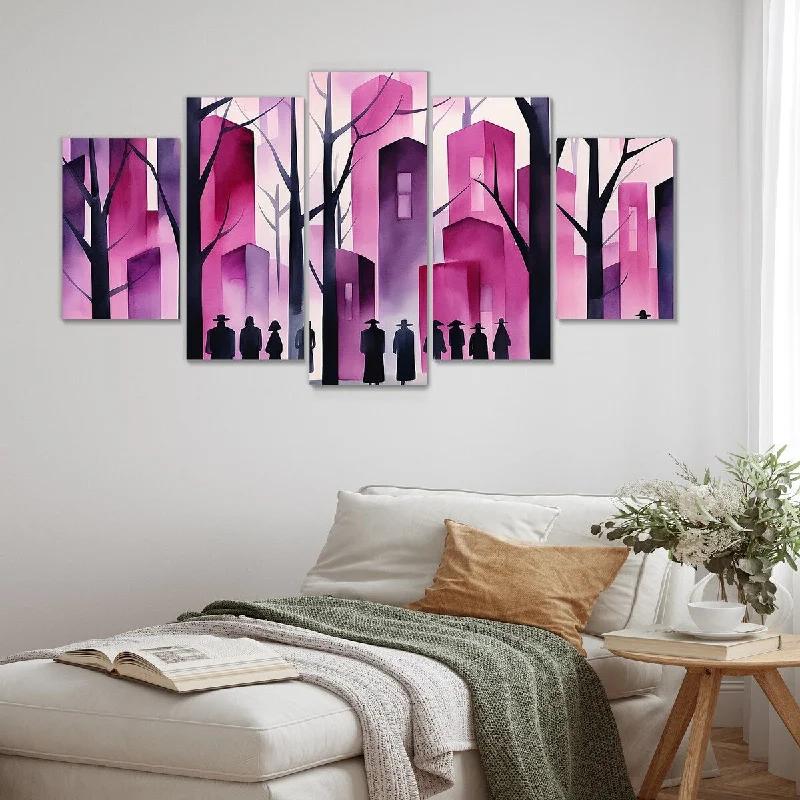 colorful geometric art prints-Designart "Pink Melodic Spirit City" Pink African American Art Set Of 5 - Global Oversized Canvas Art For Bedroom Decor