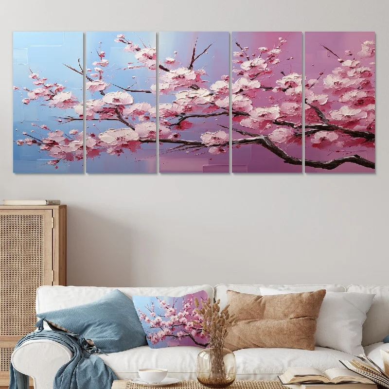 colorful botanical canvas prints-Designart "Pink Whispering Cherry Blossoms I" Pink Flowers Set Of 5 - Traditional Oversized Wall Art Decor For Hallway