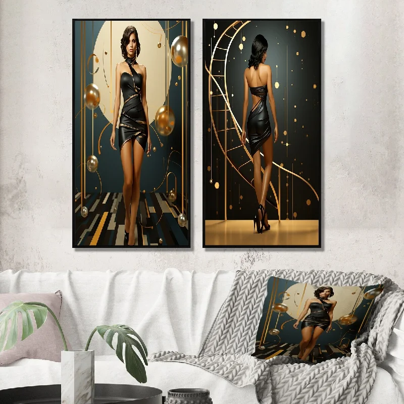 black and white abstract prints for living room-Designart "Playful Evening Glam Portrait II" Fashion Woman Framed Wall Art Set Of 2 - Glam Gallery Set For Office Decor