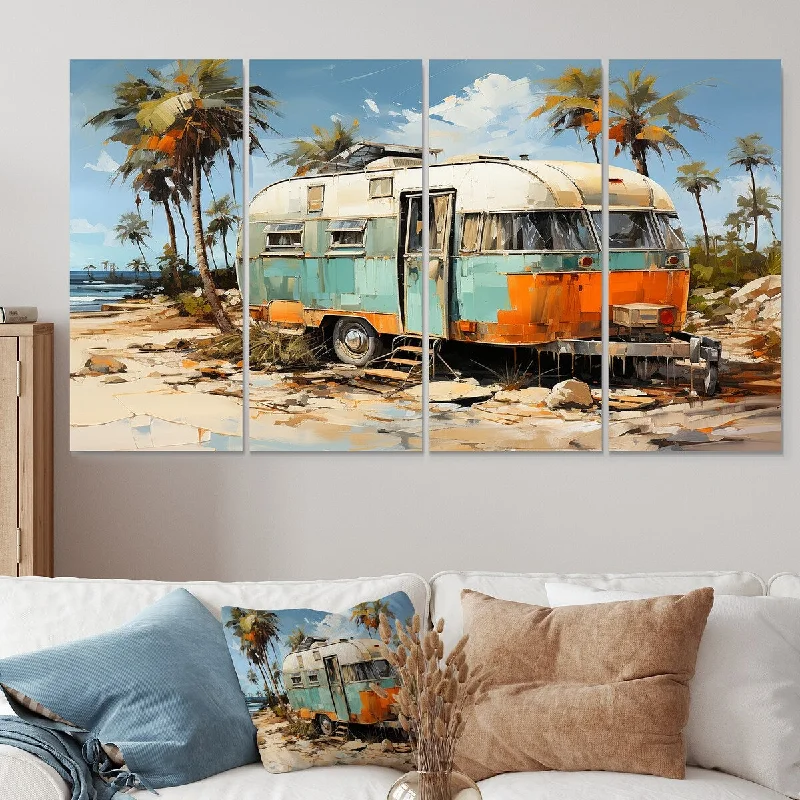 abstract landscape canvas prints-Designart "Pop Art Coastal Camping Van" Camping Travel Extra Large Canvas Set Of 4 - Oversized Country Wall Art Decor